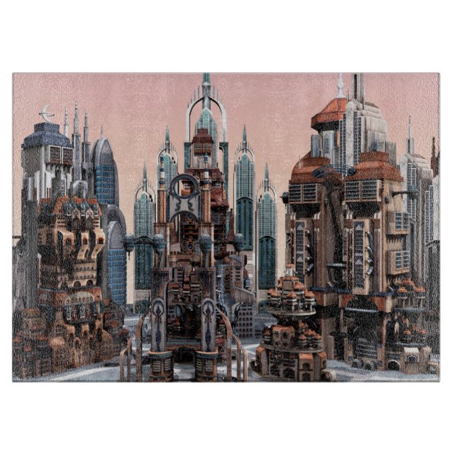Pastel Futuristic City Fantasy Skyline Art Cutting Board (Front)