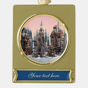 Pastel Futuristic City Fantasy Skyline Art Gold Plated Banner Ornament