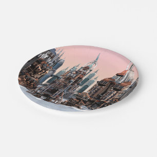 Pastel Futuristic City Fantasy Skyline Art Paper Plate