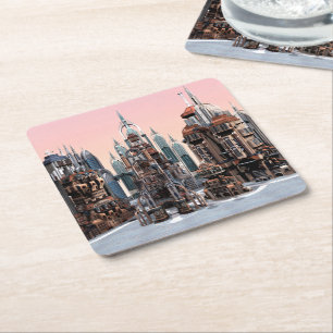 Pastel Futuristic City Fantasy Skyline Art Square Paper Coaster