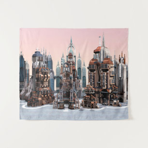 Pastel Futuristic City Fantasy Skyline Art Tapestry