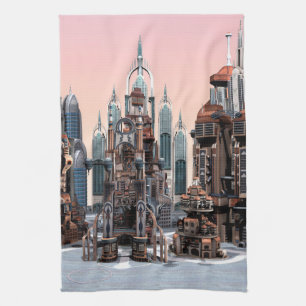 Pastel Futuristic City Fantasy Skyline Art Tea Towel