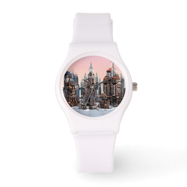 Pastel Futuristic City Fantasy Skyline Art Watch (Front)