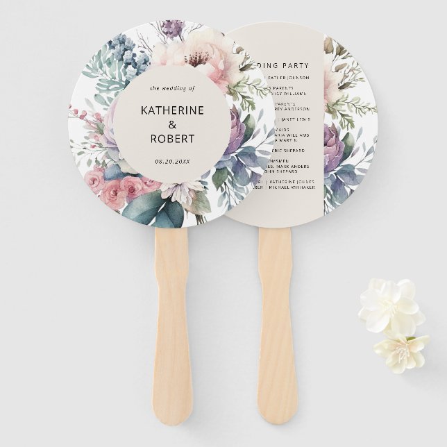 Pastel Garden Floral Wedding Program Hand Fan (Front and Back)