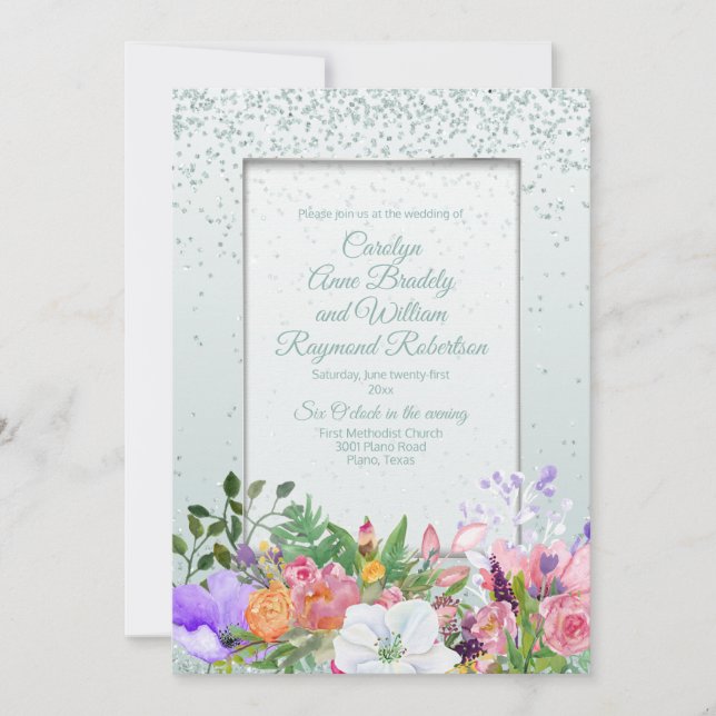 Pastel Garden Glittery Mint Wedding Invitati Invitation (Front)