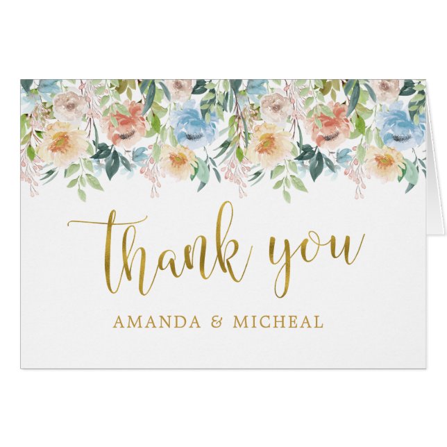 Pastel Garden | Gold Floral Wedding Thank You Card (Front Horizontal)