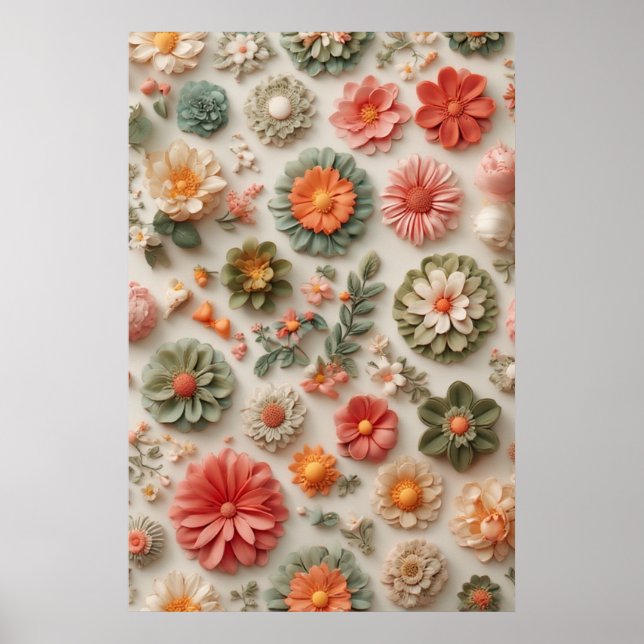 Pastel Garden: Handcrafted 3D Floral Flat Lay Poster (Front)