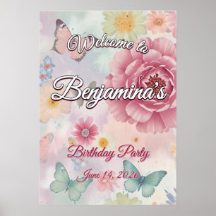 Pastel Garden Party Flowers & Butterflies Welcome Poster