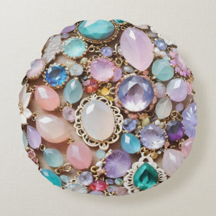 Pastel Gems And Jewels In Pinks & Purples Round Cushion