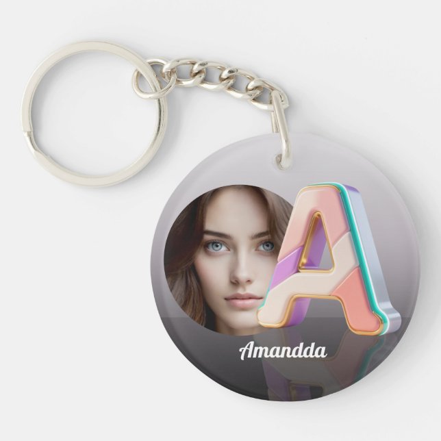 Pastel Geometric 3D Monogram Letter A personal pho Key Ring (Front)
