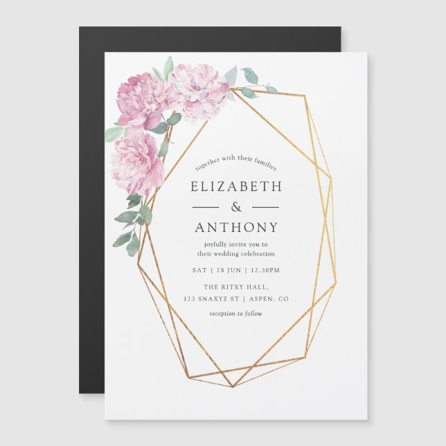 Pastel Geometric Peonies Floral Brunch and Bubbly Magnetic Invitation (Front/Back)