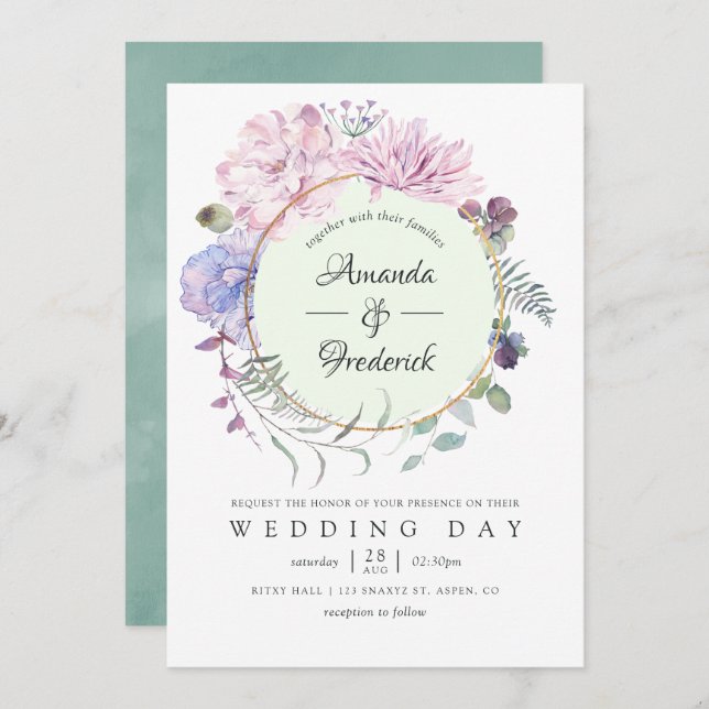 Pastel Geometric Peonies Floral Wedding Invitation (Front/Back)