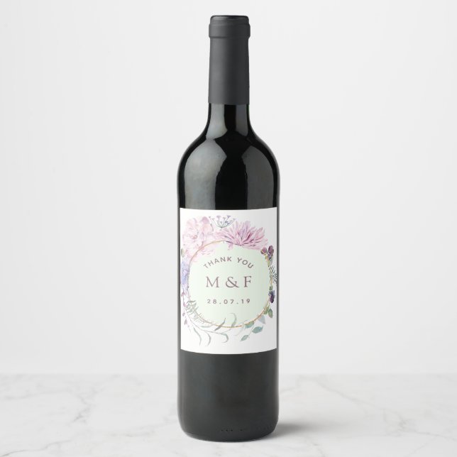 Pastel Geometric Peonies Floral Wedding Wine Label (Front)
