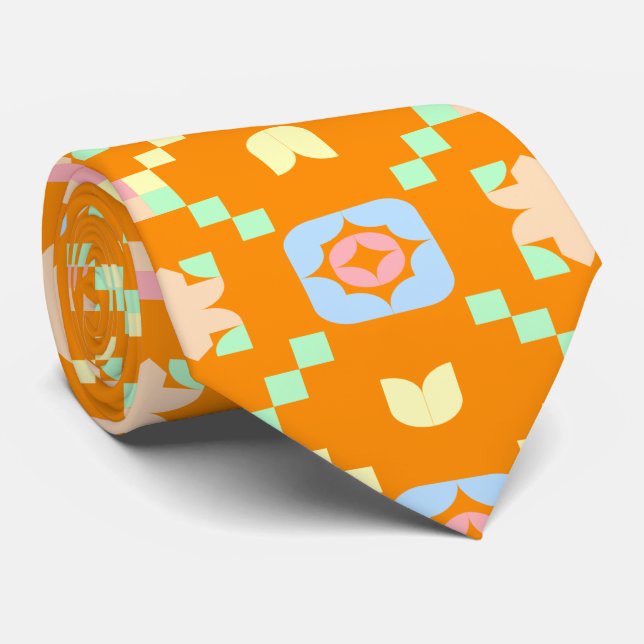 Pastel Geometric Pixel Pattern on Vibrant Orange  Tie (Rolled)