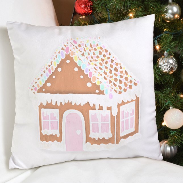 Pastel Gingerbread House Christmas Throw Pillow (Creator Uploaded)