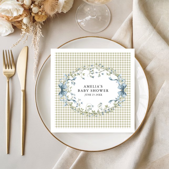 Pastel Gingham Blue Floral Baby Shower Napkin (Creator Uploaded)