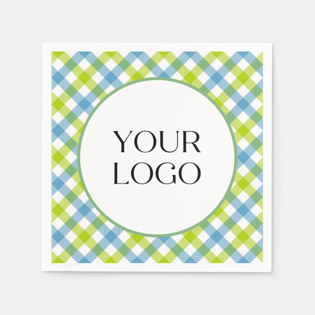 Pastel Gingham Napkins Your Logo Here Blue Green (Front)
