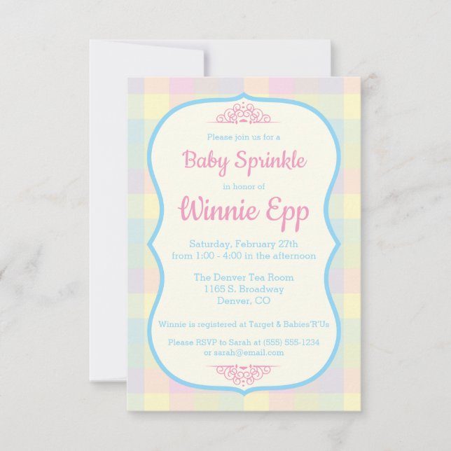 Pastel Gingham Plaid, Pink, Blue Baby Sprinkle Invitation (Front)