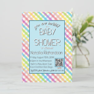 Pastel Gingham Rainbow Baby Shower Blue Invitation