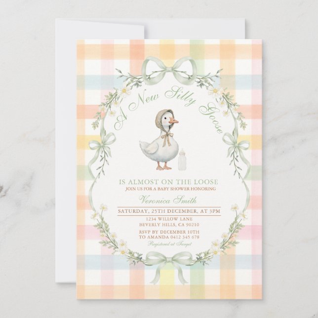 Pastel Gingham Silly Goose Baby SHOWER Invitation (Front)