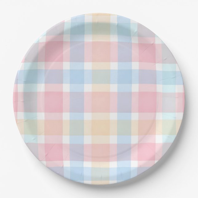 Pastel Gingham – Soft Watercolor Pattern Paper Plate (Front)