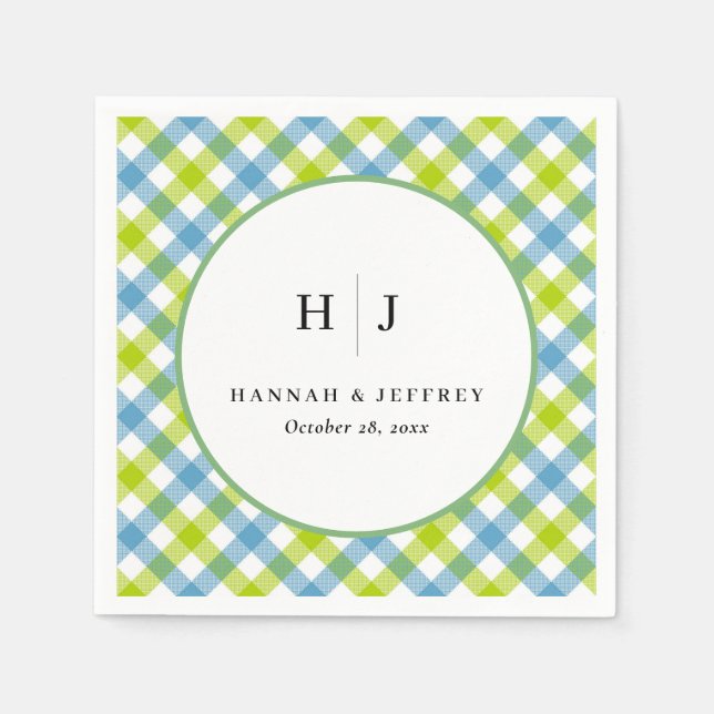 Pastel Gingham Wedding Blue Green Napkin (Front)