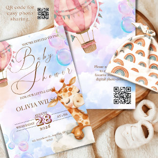 Pastel Giraffe Baby Shower Invitation with QR Code