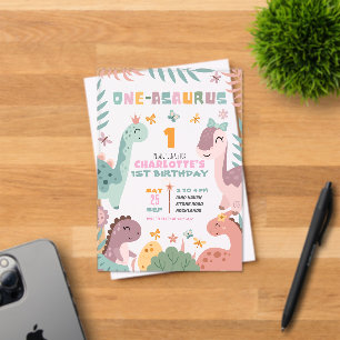 Pastel Girl Dinosaur 1st Birthday Invitation