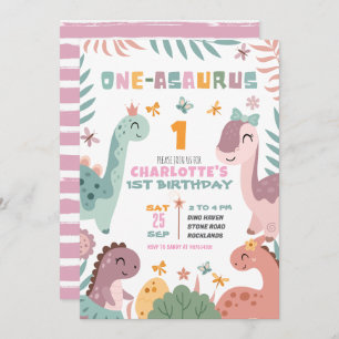 Pastel Girl Dinosaur 1st Birthday Invitation