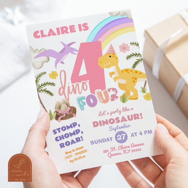 Pastel Girl Dinosaur DinoFour Birthday Party Invitation (Creator Uploaded)