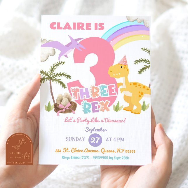Pastel Girl Dinosaur Three Rex Birthday Party Invitation (Creator Uploaded)