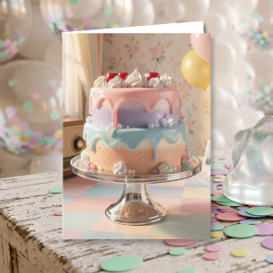 Pastel Glass Birthday Cake with Cherries Card