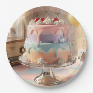 Pastel Glass Birthday Cake with Cherries Paper Plate
