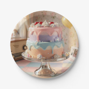Pastel Glass Birthday Cake with Cherries Paper Plate