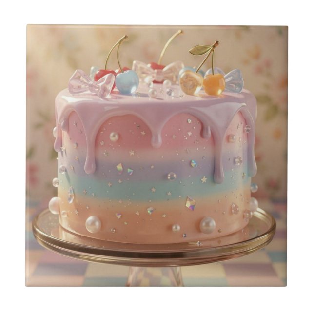 Pastel Glass Food Aesthetic Rainbow Cake Tile (Front)