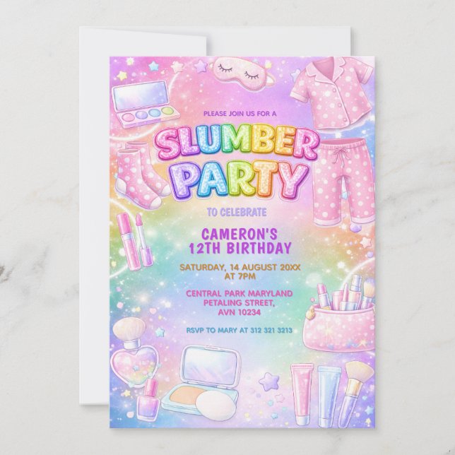 Pastel Glitter Girls Slumber Party Birthday Invitation (Front)