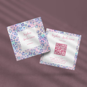 Pastel Glitter Leopard Print with Qr Code Square Business Card