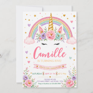 Pastel Glitter Rainbow Unicorn Birthday Invitation