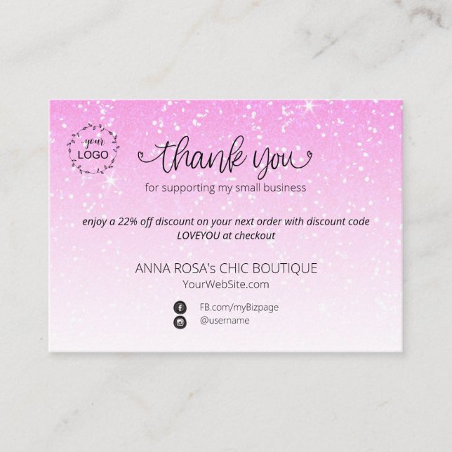 *~* Pastel Glitter Thank You Logo Branding QR Enclosure Card (Front)