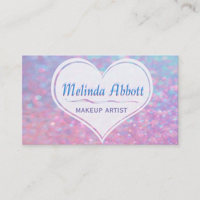 Pastel Glittery Blue and Pink with Heart Business Card (Front)