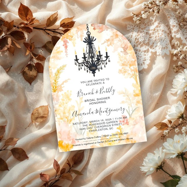 Pastel Gold Chic Floral Chandelier Bridal Shower Invitation (Pastel Gold Chic Elegant Floral Vintage Chandelier Bridal Shower Wedding Invitations Cards. )