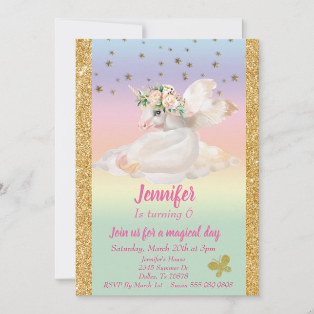 Pastel Gold Child's Gold Unicorn Pegasus Rainbow Invitation (Front)