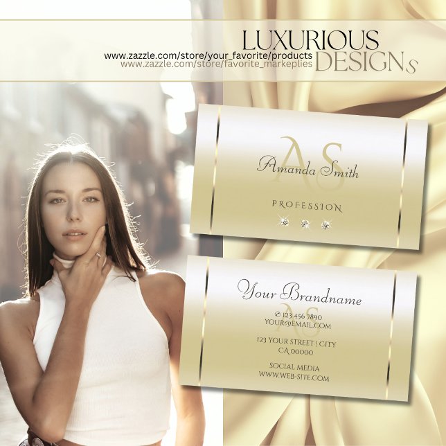 Pastel Gold Cream Effect Sparkle Diamonds Initials Business Card (Creator Uploaded)