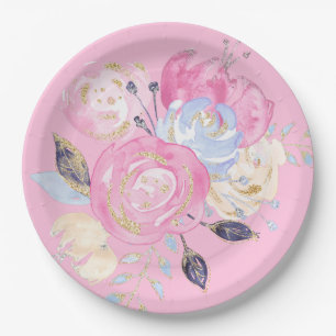 Pastel Gold Glitter  Flower Paper Plate