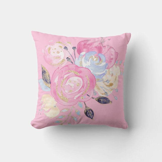 Pastel Gold Glitter Flowers Cushion (Front)