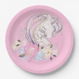 Pastel Gold Glitter Unicorn and Baby with Flowers  Paper Plate