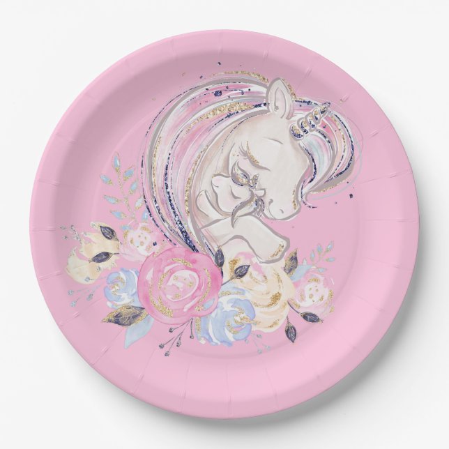 Pastel Gold Glitter Unicorn and Baby with Flowers  Paper Plate (Front)