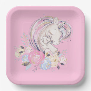 Pastel Gold Glitter Unicorn and Baby with Flowers Paper Plate