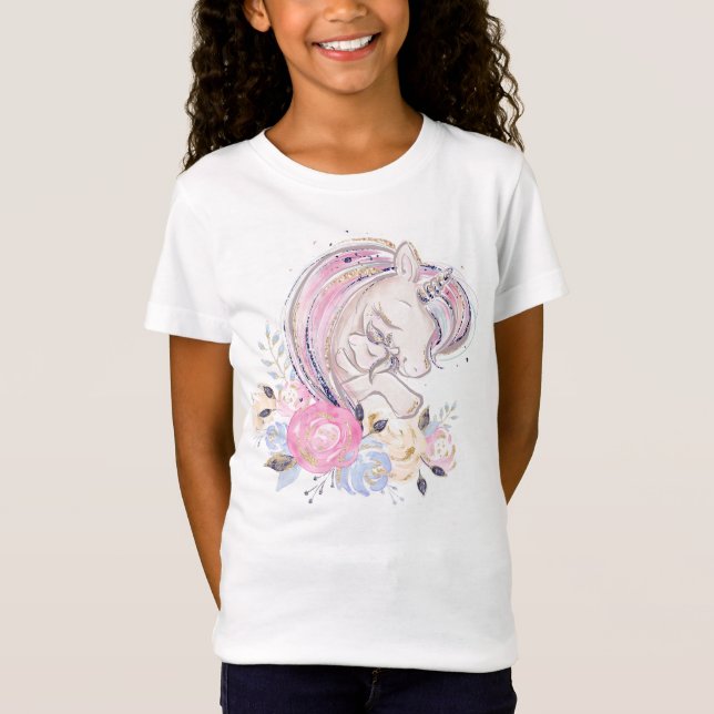 Pastel Gold Glitter Unicorn and Baby with Flowers  T-Shirt (Front)