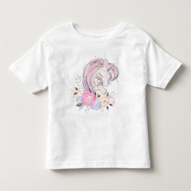 Pastel Gold Glitter Unicorn and Baby with Flowers Toddler T-Shirt (Front)